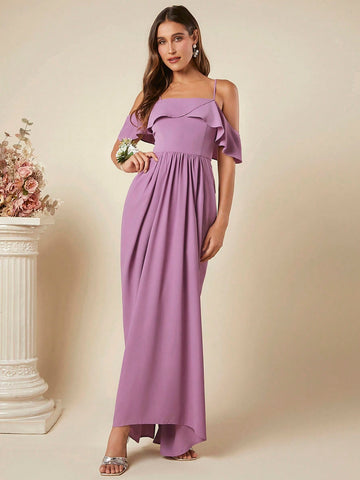 Belle Cold Shoulder Ruffle Trim Maxi Bridesmaid Dress