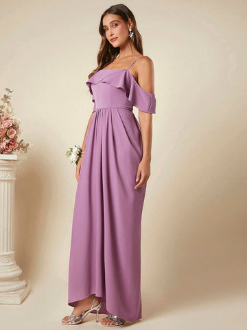 Belle Cold Shoulder Ruffle Trim Maxi Bridesmaid Dress