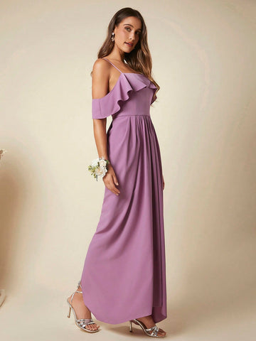 Belle Cold Shoulder Ruffle Trim Maxi Bridesmaid Dress