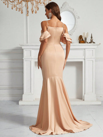 Cold Shoulder Ruffle Trim Mermaid Hem Bridesmaid Dress