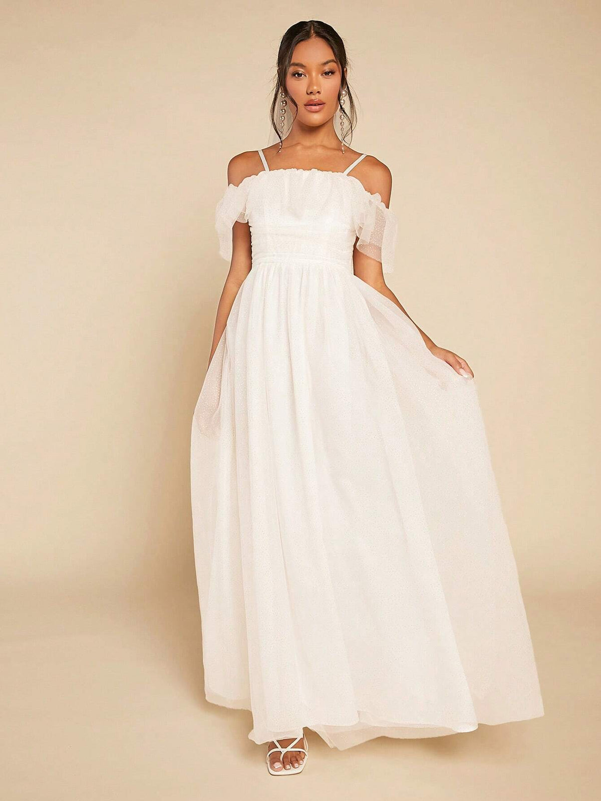 Cold Shoulder Ruffle Trim Mesh Overlay Mesh Maxi Wedding Dress