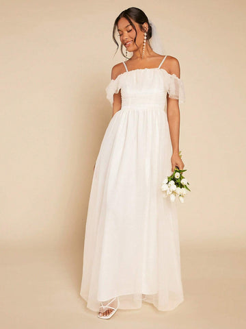 Cold Shoulder Ruffle Trim Mesh Overlay Mesh Maxi Wedding Dress