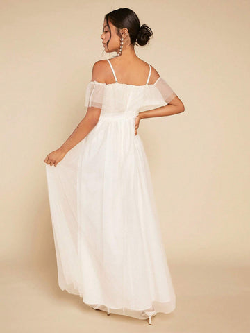 Cold Shoulder Ruffle Trim Mesh Overlay Mesh Maxi Wedding Dress