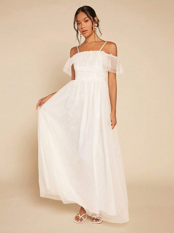 Cold Shoulder Ruffle Trim Mesh Overlay Mesh Maxi Wedding Dress