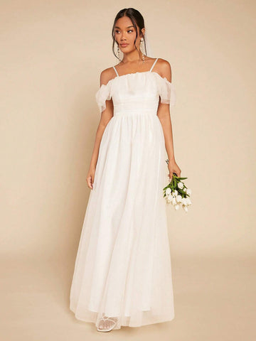 Cold Shoulder Ruffle Trim Mesh Overlay Mesh Maxi Wedding Dress