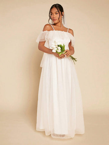 Cold Shoulder Ruffle Trim Mesh Overlay Mesh Maxi Wedding Dress