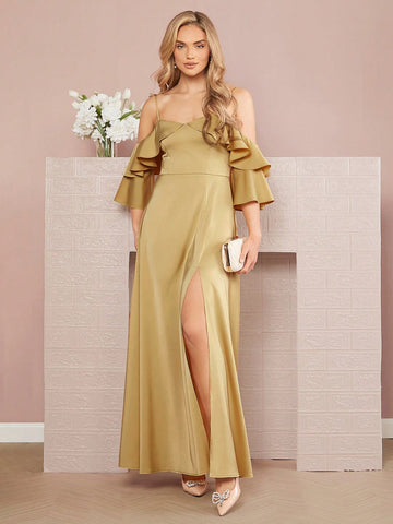 Cold Shoulder Ruffle Trim Split Thigh Dress