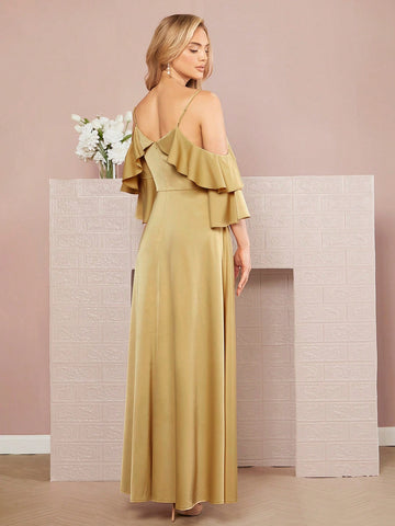 Cold Shoulder Ruffle Trim Split Thigh Dress