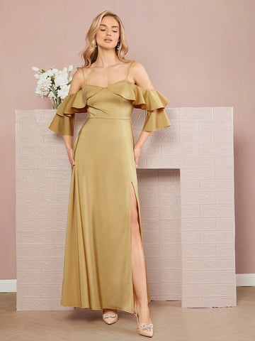 Cold Shoulder Ruffle Trim Split Thigh Dress