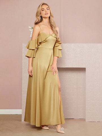 Cold Shoulder Ruffle Trim Split Thigh Dress