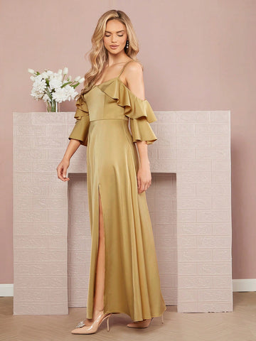 Cold Shoulder Ruffle Trim Split Thigh Dress