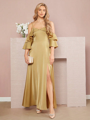 Cold Shoulder Ruffle Trim Split Thigh Dress