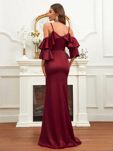 Cold Shoulder Ruffle Trim Wrap Hem Bridesmaid Dress