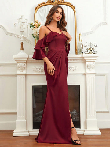 Cold Shoulder Ruffle Trim Wrap Hem Bridesmaid Dress