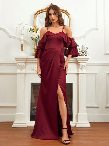 Cold Shoulder Ruffle Trim Wrap Hem Bridesmaid Dress