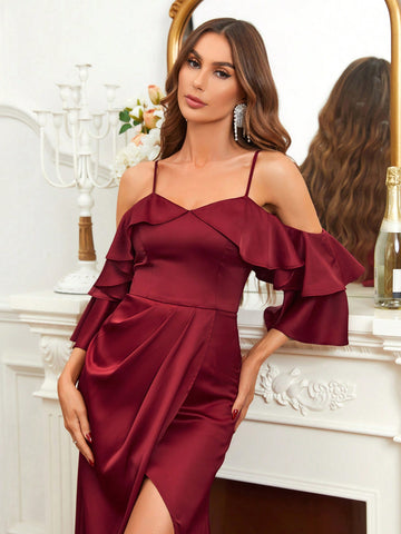 Cold Shoulder Ruffle Trim Wrap Hem Bridesmaid Dress