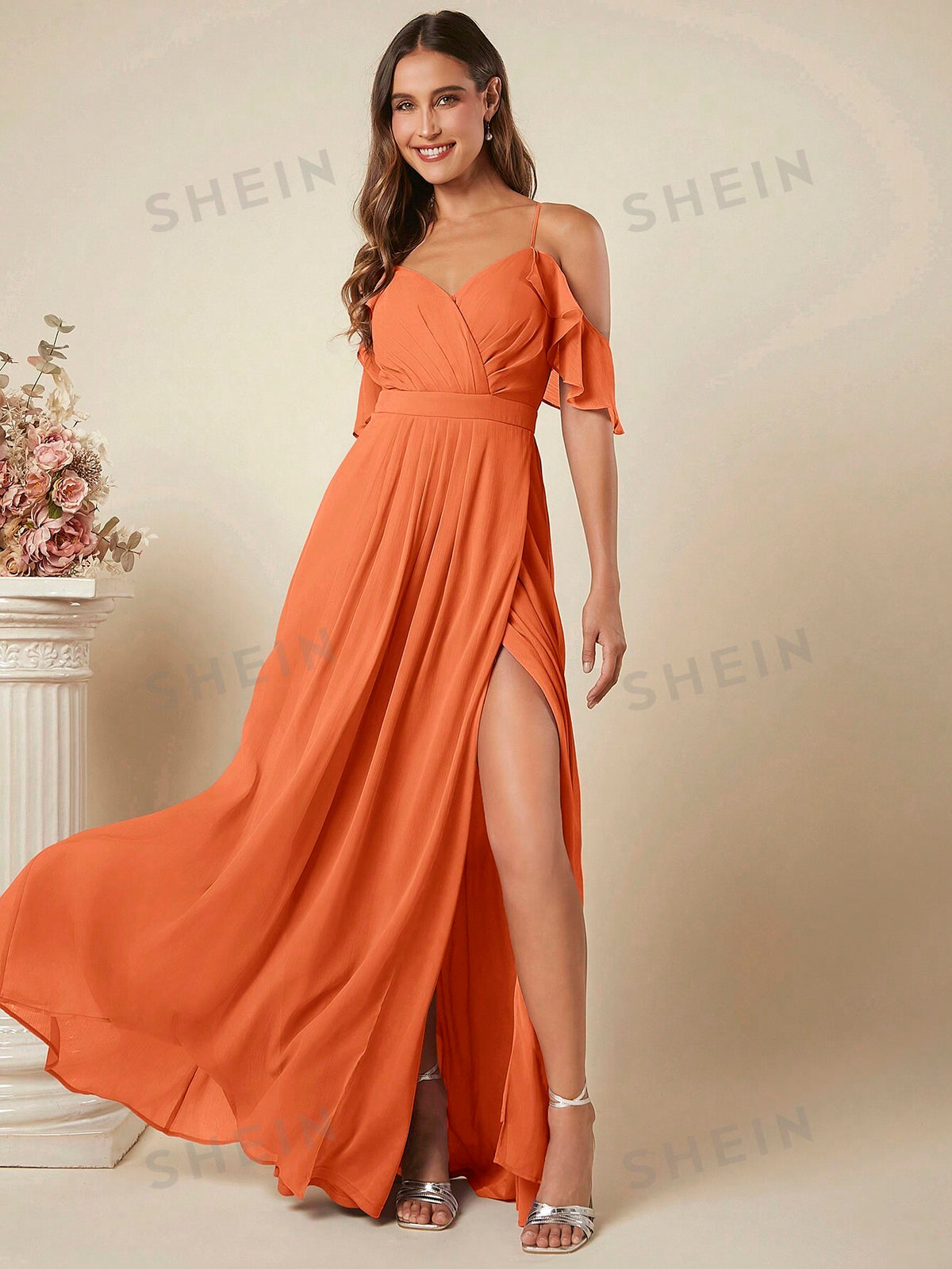 Cold Shoulder Ruffle Trim Wrap Hem Chiffon Bridesmaid Dress