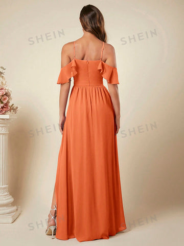 Cold Shoulder Ruffle Trim Wrap Hem Chiffon Bridesmaid Dress