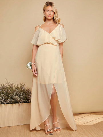 Belle Cold Shoulder Ruffle Trim Wrap Hem Chiffon Dress