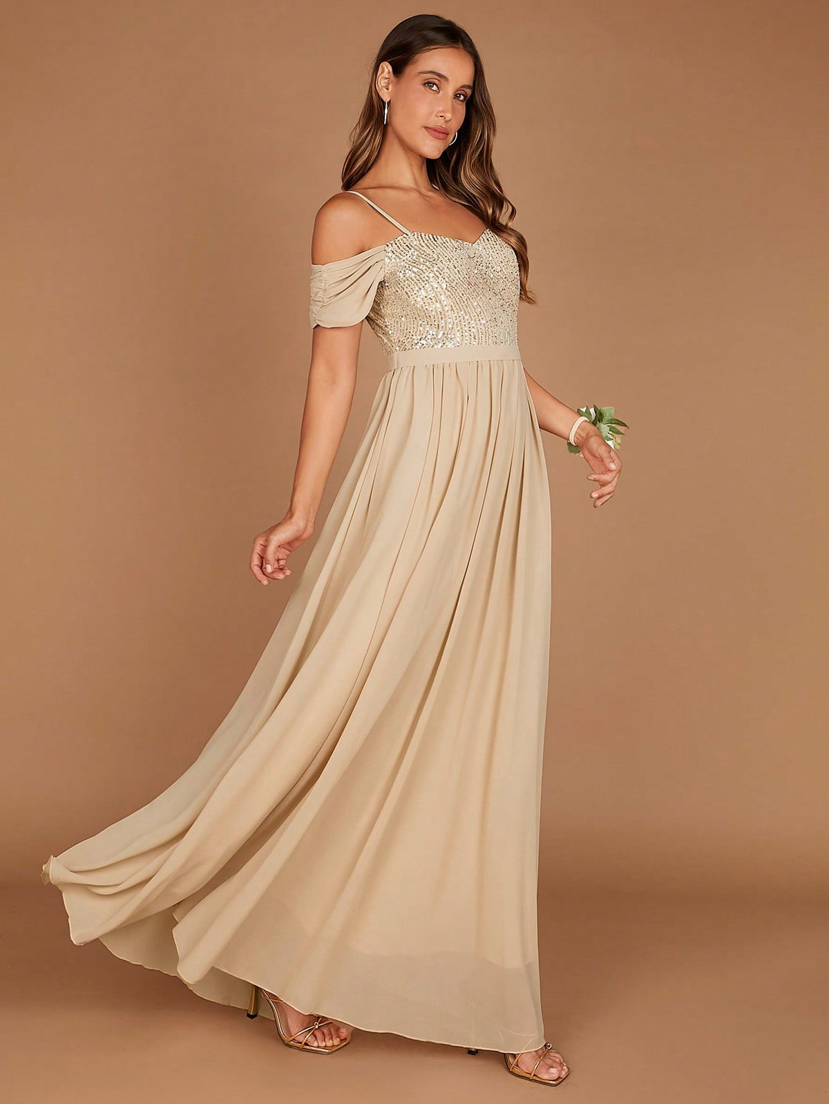 Belle Cold Shoulder Sequin Bodice Chiffon Bridesmaid Dress