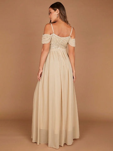 Belle Cold Shoulder Sequin Bodice Chiffon Bridesmaid Dress