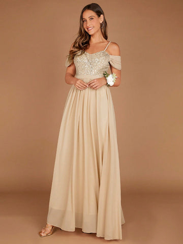 Belle Cold Shoulder Sequin Bodice Chiffon Bridesmaid Dress