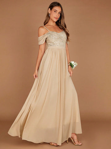 Belle Cold Shoulder Sequin Bodice Chiffon Bridesmaid Dress