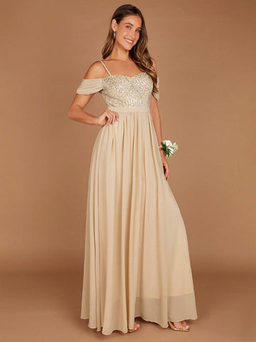 Belle Cold Shoulder Sequin Bodice Chiffon Bridesmaid Dress