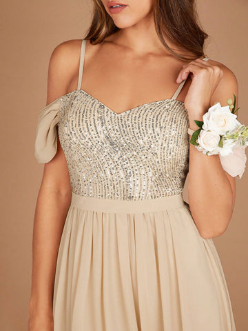 Belle Cold Shoulder Sequin Bodice Chiffon Bridesmaid Dress
