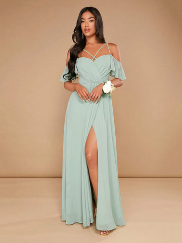 Cold Shoulder Split Thigh Bridesmaid Dress