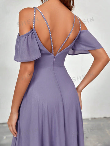 Cold Shoulder Split Thigh Chiffon Bridesmaid Dress