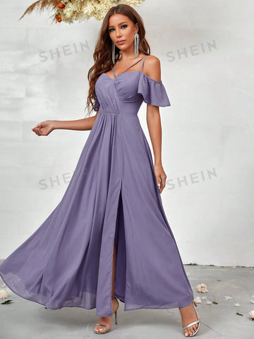 Cold Shoulder Split Thigh Chiffon Bridesmaid Dress