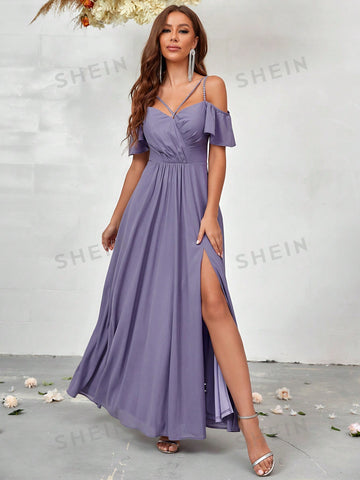 Cold Shoulder Split Thigh Chiffon Bridesmaid Dress