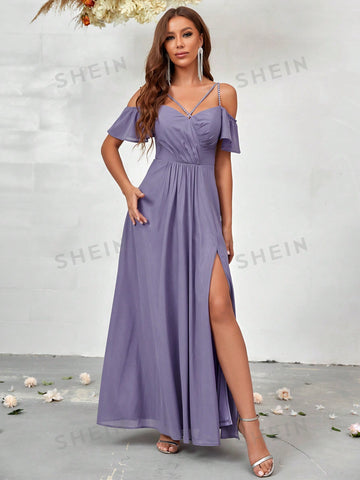 Cold Shoulder Split Thigh Chiffon Bridesmaid Dress