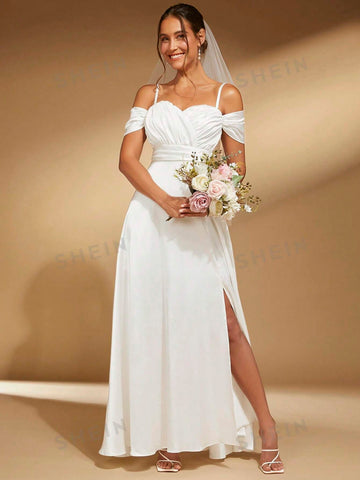 Cold Shoulder Split Thigh Wedding Dress Without Veil