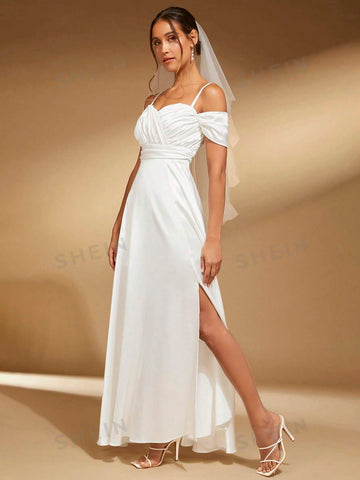 Cold Shoulder Split Thigh Wedding Dress Without Veil