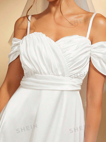 Cold Shoulder Split Thigh Wedding Dress Without Veil