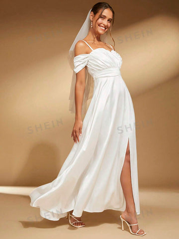 Cold Shoulder Split Thigh Wedding Dress Without Veil