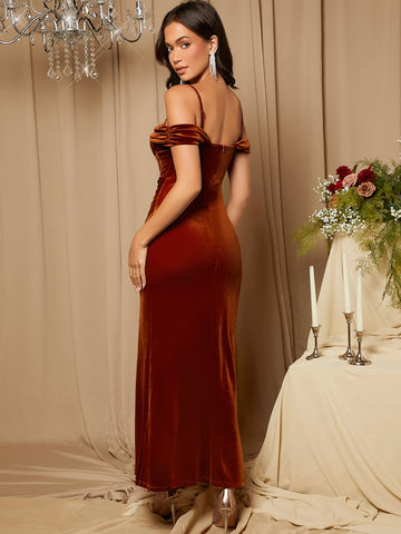 Cold Shoulder Wrap Velvet Bridesmaid Dress