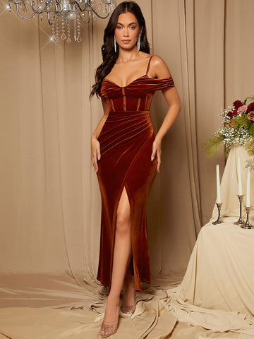 Cold Shoulder Wrap Velvet Bridesmaid Dress