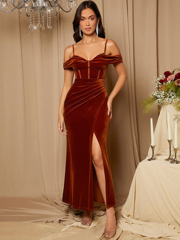 Cold Shoulder Wrap Velvet Bridesmaid Dress