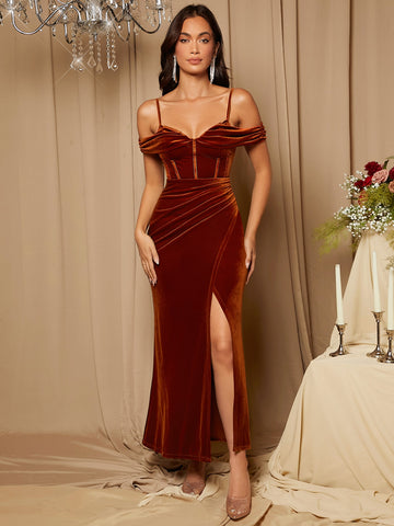 Cold Shoulder Wrap Velvet Bridesmaid Dress