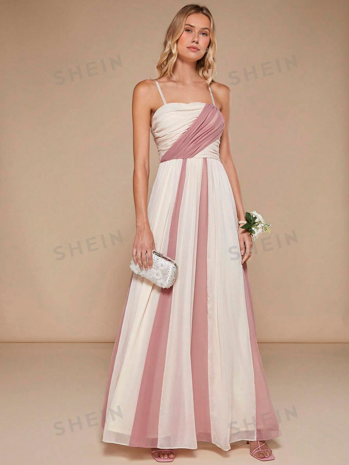 Colorblock Ruched Mesh Overlay Cami Bridesmaid Dress