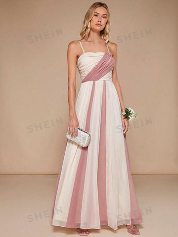 Colorblock Ruched Mesh Overlay Cami Bridesmaid Dress