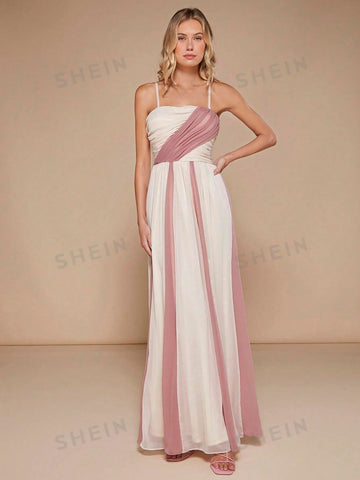 Colorblock Ruched Mesh Overlay Cami Bridesmaid Dress