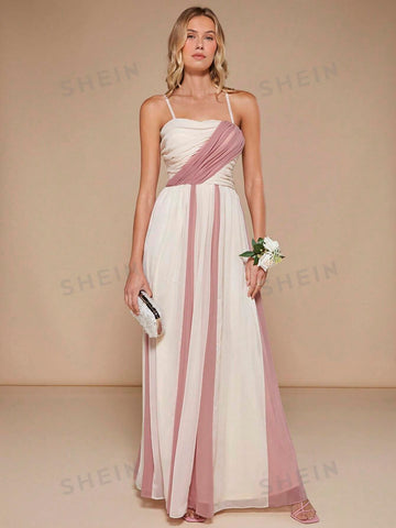 Colorblock Ruched Mesh Overlay Cami Bridesmaid Dress
