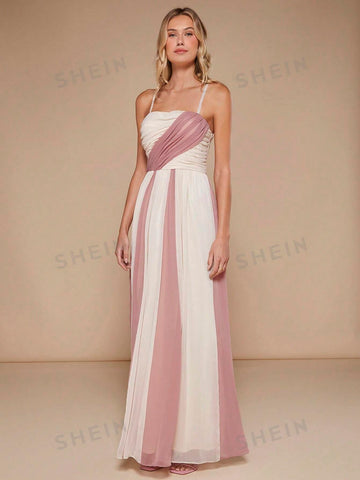 Colorblock Ruched Mesh Overlay Cami Bridesmaid Dress