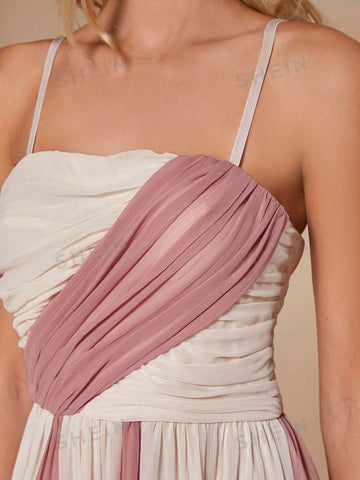 Colorblock Ruched Mesh Overlay Cami Bridesmaid Dress