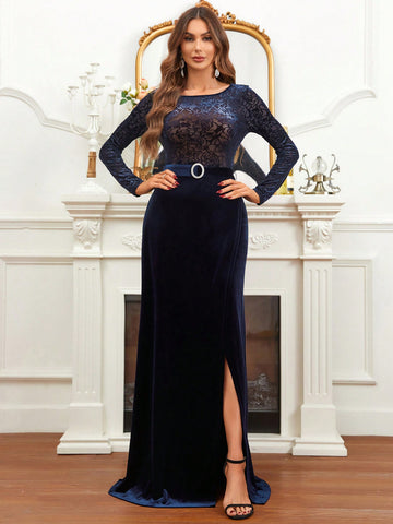 Contrast Floral Mesh Split Thigh Belted Velvet Bridesmaid Dress