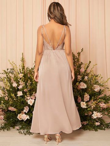 Contrast Lace Backless Wrap Cami Bridesmaid Dress